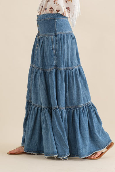 Denim Tiered Button Up Maxi Skirt Hippie Vibe Tribe Denim Tiered Button Up Maxi Skirt Hippie Vibe Tribe