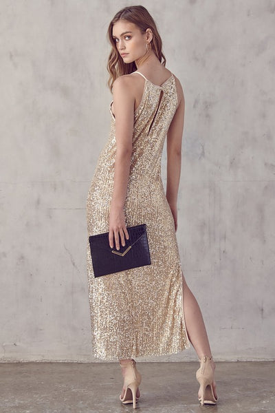 Gold Sequin Halter Maxi Dress  Hippie Vibe Tribe