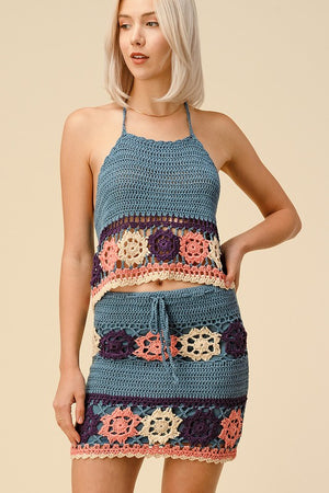 Teal Crochet Halter Skirt Set