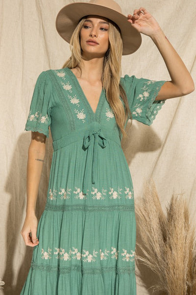 TEAL FLORAL BOHO-CHIC Embroidered Maxi Dress TEAL FLORAL BOHO-CHIC Embroidered Maxi Dress
