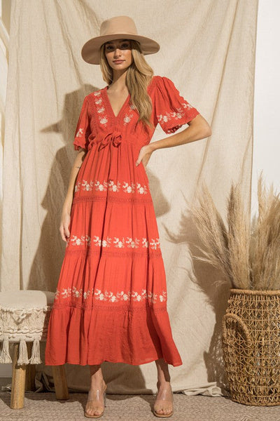burnt orange boho maxi dress Patrons of Peace Maxi Dress Womens Small Boho Orange Print Tie Strap Flowing