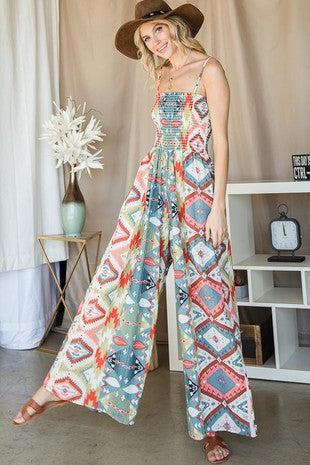 Smocked Aztec Print Jumpsuit Hippie Vibe Tribe