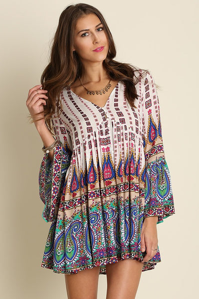 Bohemian Paisley Peasant Dress Hippie Vibe Tribe