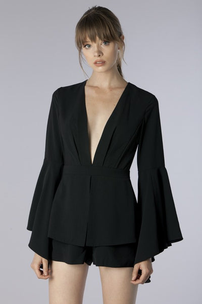 Deep-V Bell-Sleeve Romper - Black – Haute & Rebellious