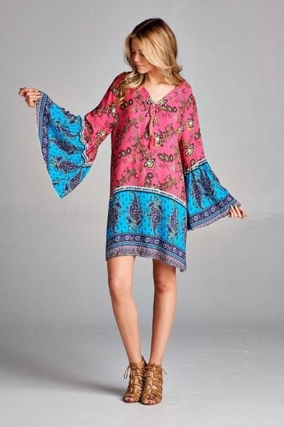 Boho Paisley Tunic/Dress Pink/Blue / Large