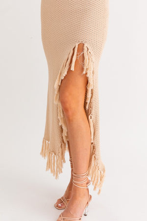 Crochet Knit Midi Fringe Skirt & Fringe Crop Top