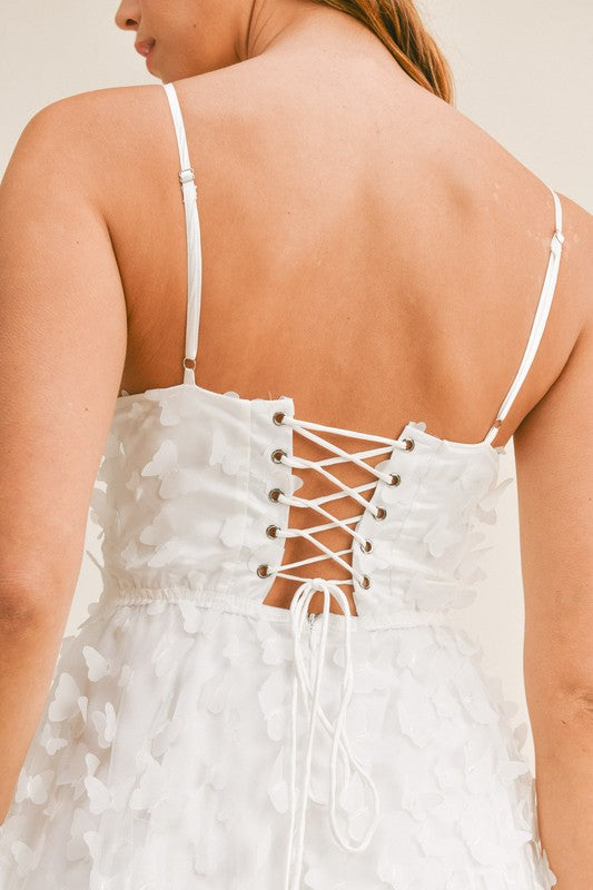 WHITE BUTTERFLY MESH LACE UP BACK BUSTIER MIDI DRESS