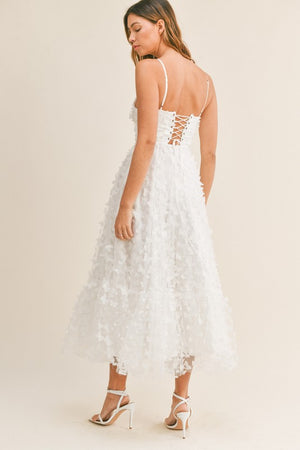 WHITE BUTTERFLY MESH LACE UP BACK BUSTIER MIDI DRESS