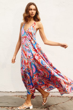 Oriental Blue Paisley Print Satin Dress medium Oriental Blue Paisley Print Satin Dress medium
