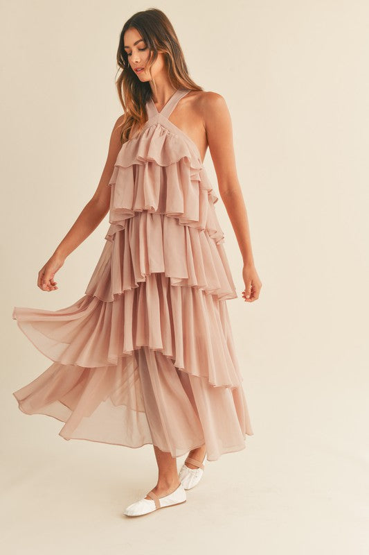 BEIGE HALTER RUFFLE DRESS medium BEIGE HALTER RUFFLE DRESS medium