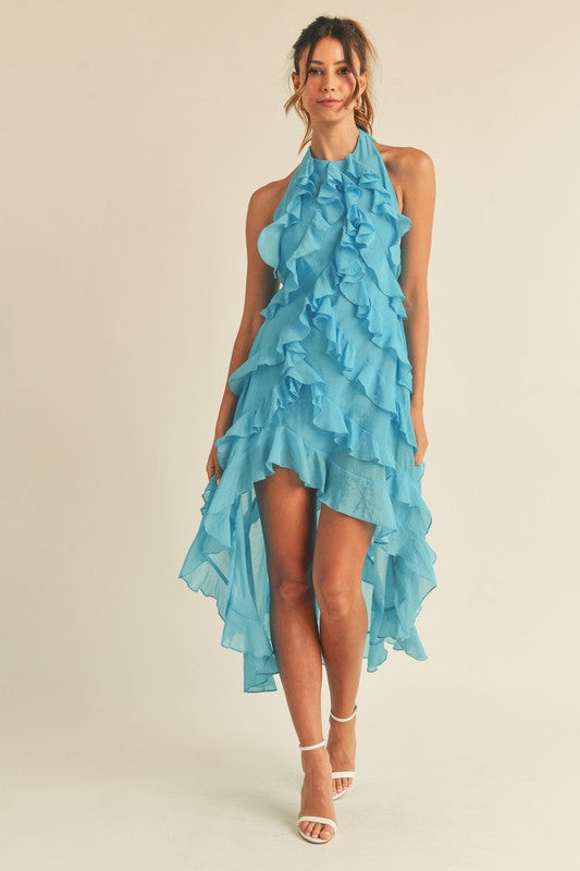 AQUA BLUE HALTER RUFFLE DRESS