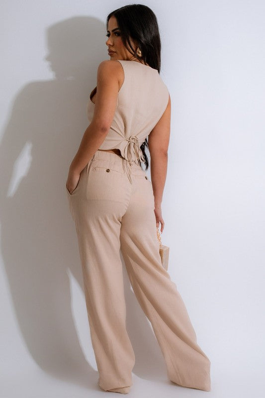 Khaki  Linen Vest and Pant Set
