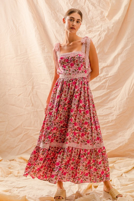 brunch maxi dress SO ME Floral Maxi Dress With Ribbon Tie Lace Strap PINK COMBO / S