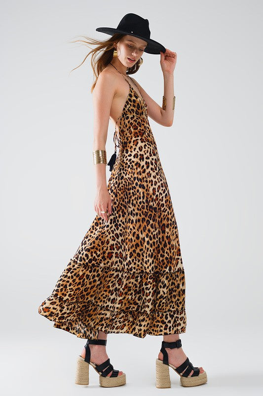 Leopard Boho Satin Open Back Maxi