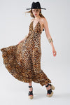 Leopard Boho Satin Open Back Maxi