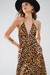 Leopard Boho Satin Open Back Maxi