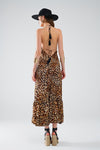 Leopard Boho Satin Open Back Maxi