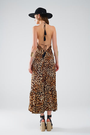 Leopard Boho Satin Open Back Maxi