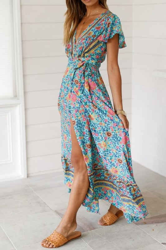 Wrap Dress: Boho Floral Maxi for Beach Days Small / Turquoise/ Pink Wrap Dress: Boho Floral Maxi for Beach Days Small / Turquoise/ Pink
