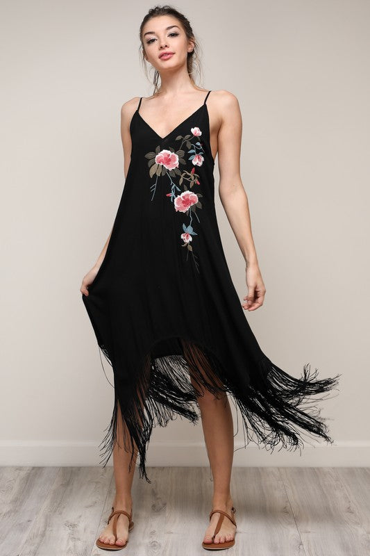 Black Fringe & Embroidered Dress - Hippie Vibe Tribe