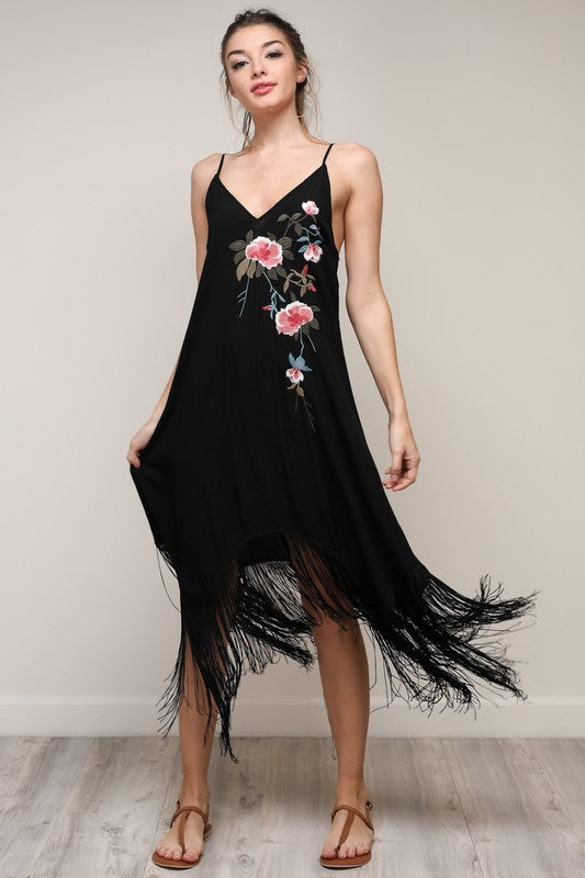 Black Fringe & Embroidered Dress Small Black Fringe & Embroidered Dress Small