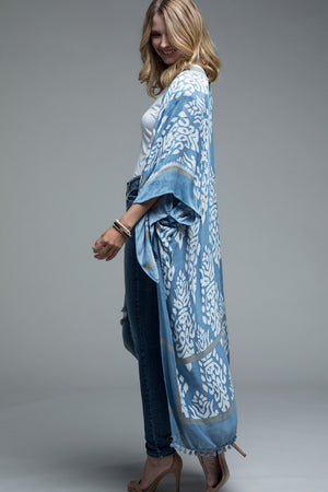 Ocean Blue Damask Print Kimono