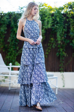 Navy Blue Tie back Tiered Maxi Dress