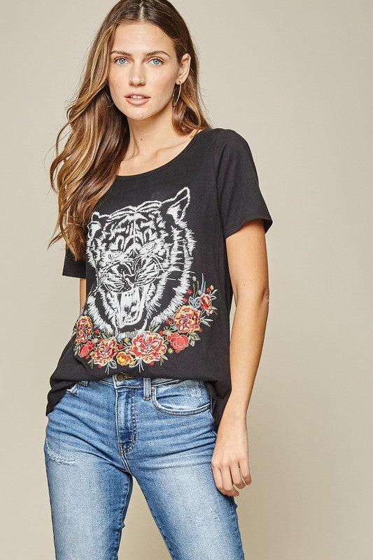 Rose Tiger Embroidered Graphic Tee