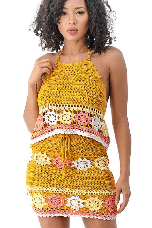Mustard Yellow Crochet Halter & Skirt Set Medium Mustard Yellow Crochet Halter & Skirt Set Medium