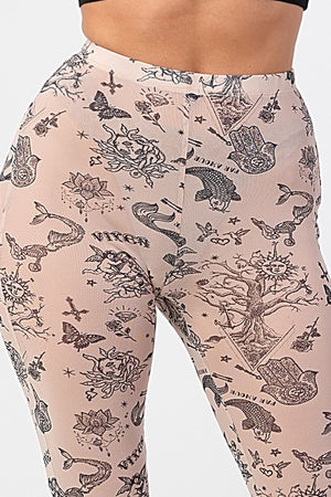 Multi Tattoo Printed Mesh Flared Hippie Pants