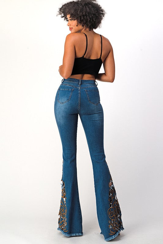 Thistle-Embroidered Wavy Denim Pants - Ready to Wear