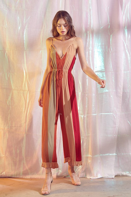 Bohemian Color Striped Ruffled Jumpsuit