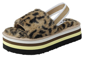 Leopard Womens Furry Strap Comfort Sandals