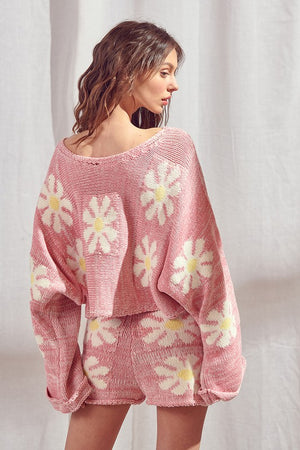 Pink Daisy Knit Sweater and Shorts Set