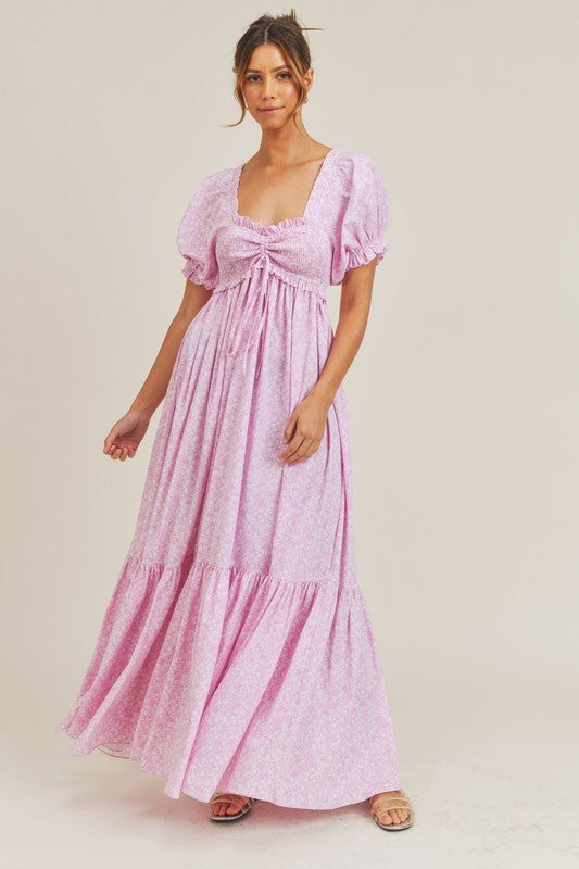 womens pink smocked dress Smocked Bow Tie Print Midi Dress - Pink Medium | Women's Online Boutique | Boho Chic Style
