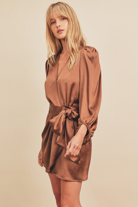 brown satin wrap dress Bronze Satin Wrap Maxi Dress With Collar M