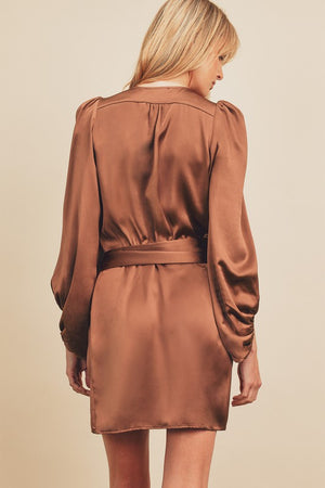 Bronze Satin Wrap Mini-Dress