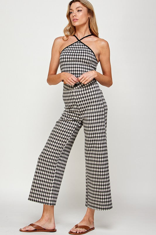 Plaid Cropped Pants and Knit Top Set.