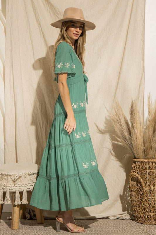 TEAL FLORAL BOHO-CHIC  Embroidered Maxi Dress
