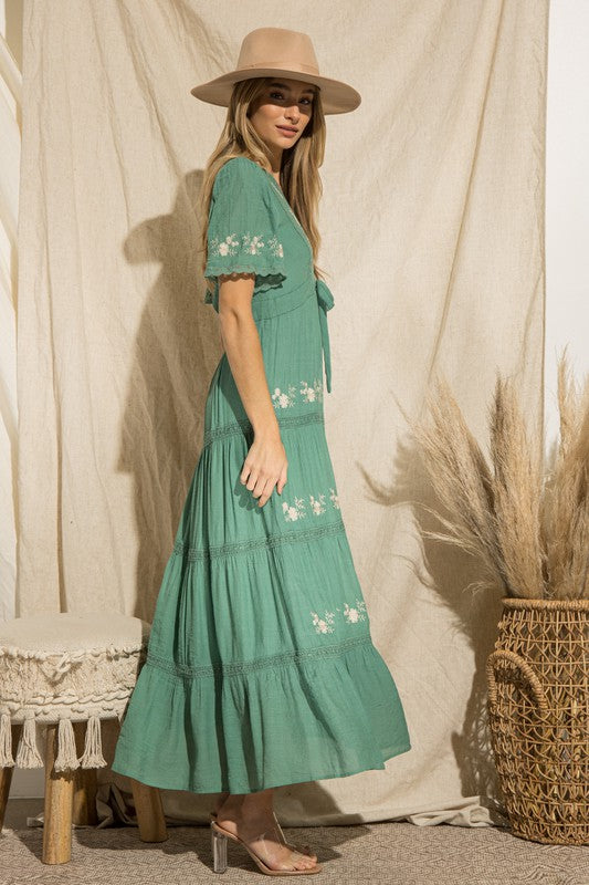 TEAL FLORAL BOHO-CHIC Embroidered Maxi Dress