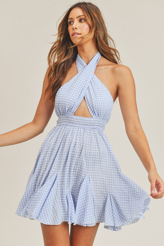 Gingham Cross Halter Cutout Ruffle Mini Dress - Blue Gingham / MEDIUM Gingham Cross Halter Cutout Ruffle Mini Dress - Blue Gingham / MEDIUM
