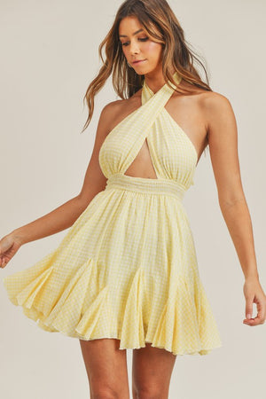 Yellow Plaid Halter Cut-Out Midi Dress