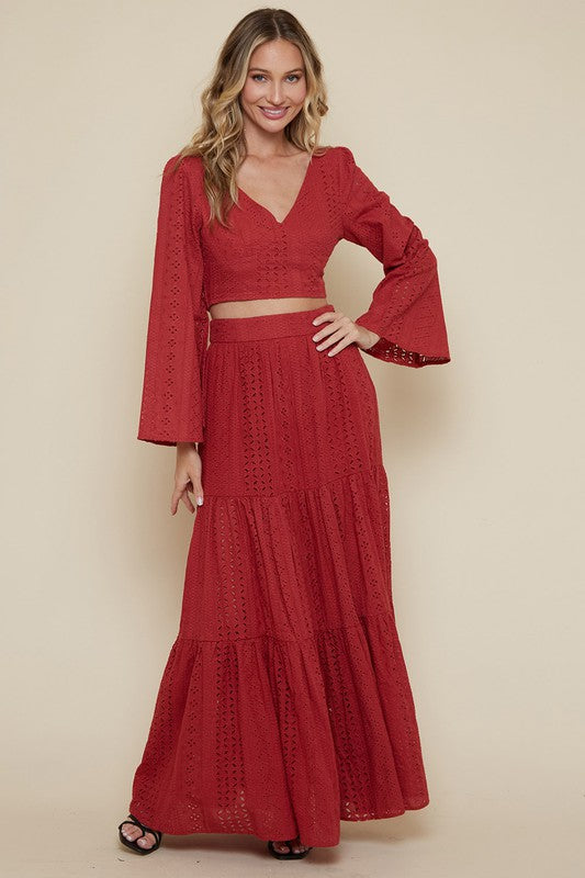 Terracotta Bell Sleeves Top and Skirt Set