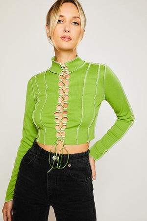Green Lace-Up Stitch Top