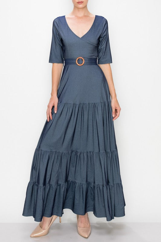 denim tiered maxi dress Stretch Denim Tiered Maxi small