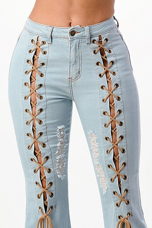 Split Front Trim Flare Jeans Side Lace High stretch - Temu