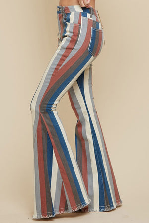 Hippie Girl Multi Striped Distressed Denim Flares.