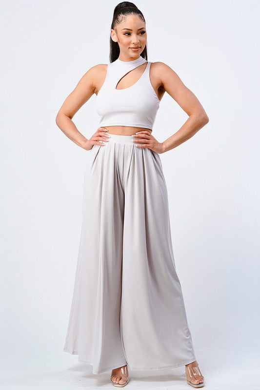 Trendy Basic Mock Neck Cut-Out Top and Pant Set
