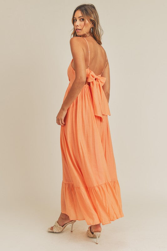 orange dress with bow in back Simple Orange Long Satin Formal Prom Dress with Big Bow In Front - $156.9816 #AM6054