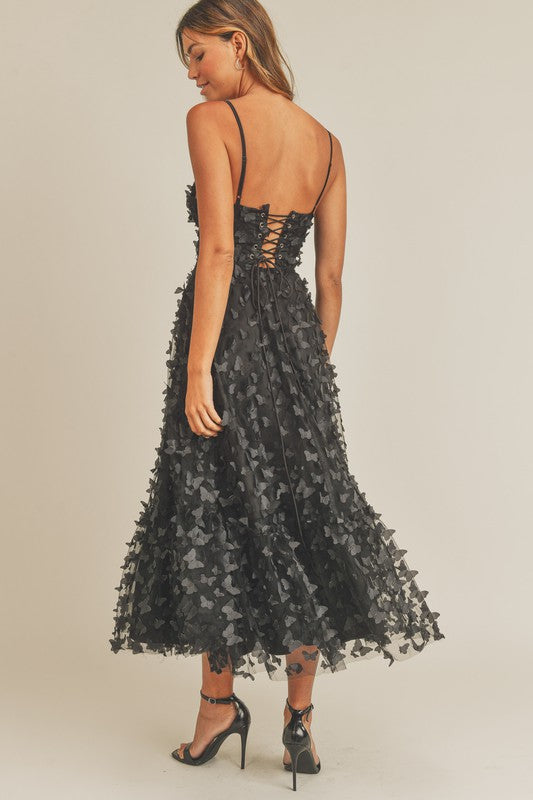 Butterfly Mesh Lace Up Back Bustier Midi Dress Butterfly Mesh Lace Up Back Bustier Midi Dress